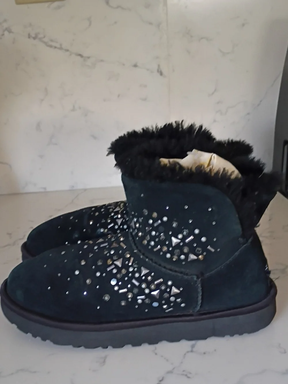Ugg Women's Black Faux Fur Suede Ankle Boots with Stud Detail